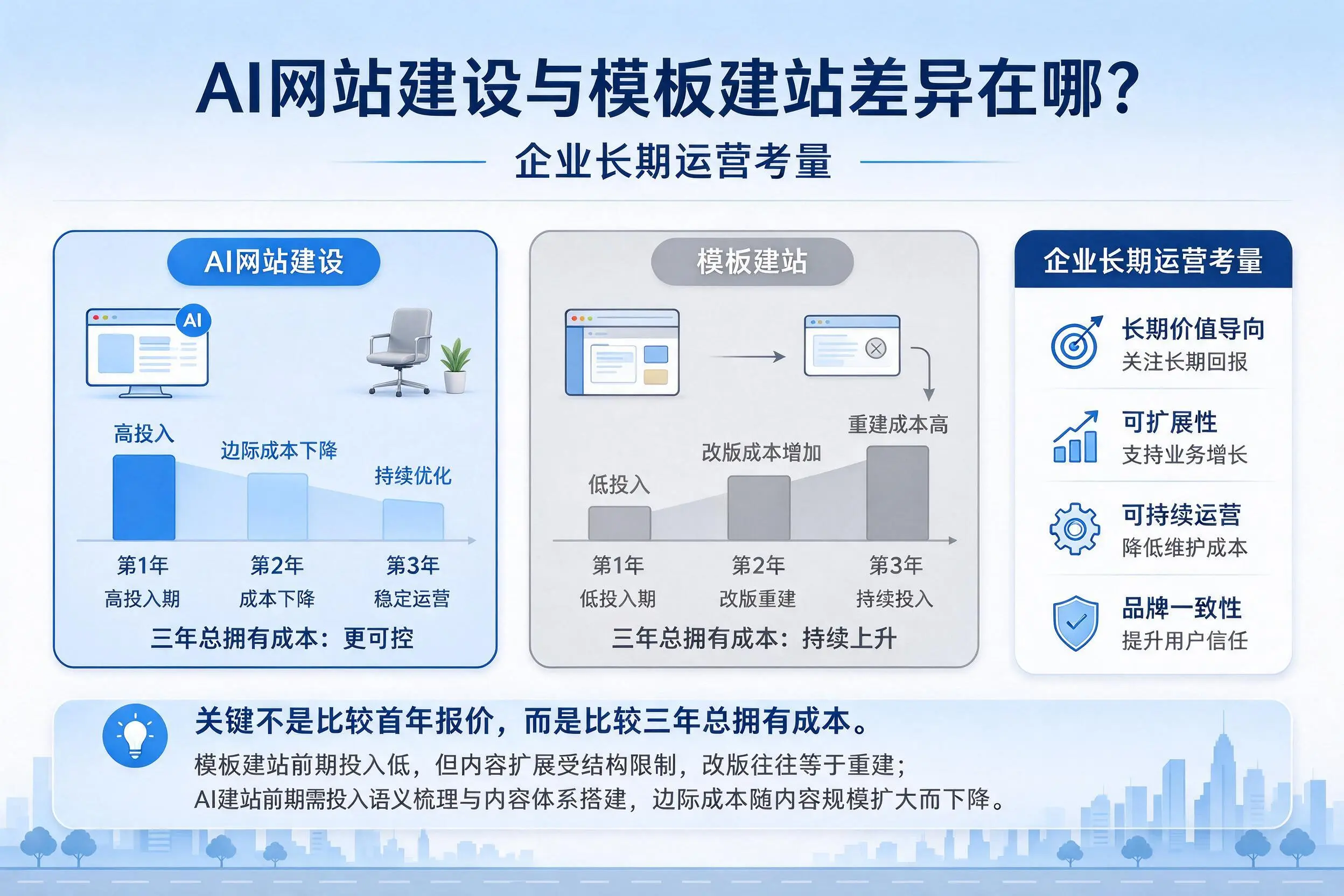 AI网站建设与模板建站差异在哪?延边企业长期运营考量